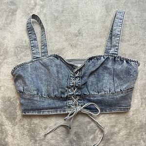 Denim Lace Up Bustier Crop Top Sz M Blue Stretch Coquette Festival Boho Cowgirl